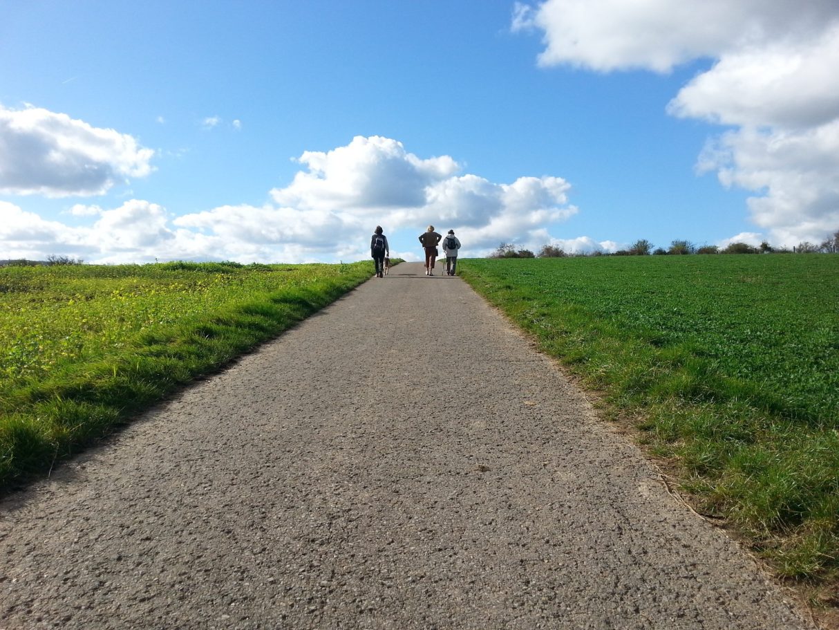 Zwei Personen gehen einen gepflasterten Weg zwischen grünem Feld und Himmel mit Wolken entlang.